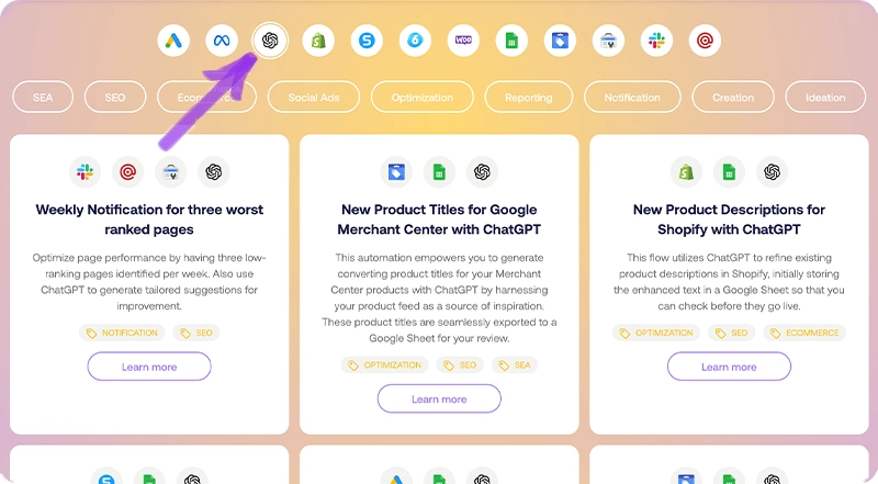 In Shopstory's Flow Library you can filter workflows by apps you use, such as ChatGPT.